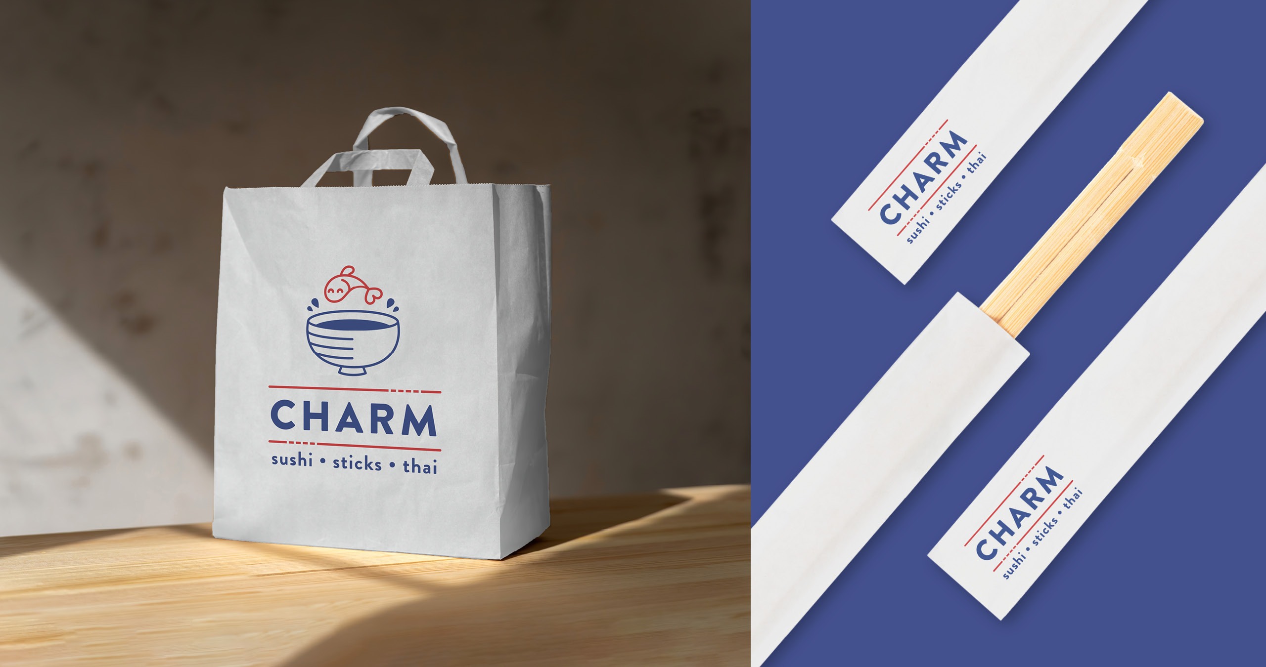 Visuel identitet til Charm take away - pose og spisepinde - Cameleon Creatives A/S