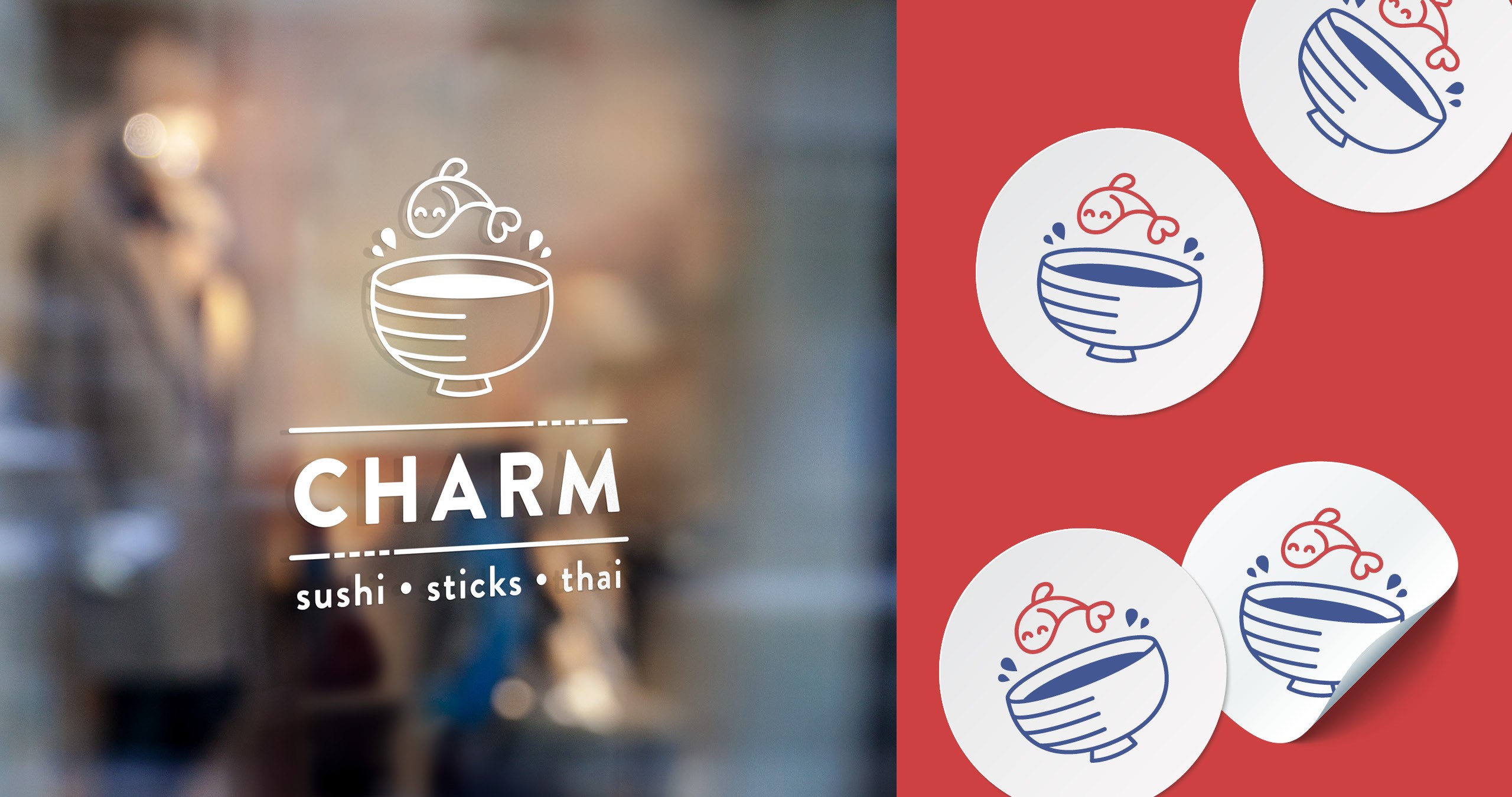Visuel identitet til Charm take away - vindue stickers - Cameleon Creatives A/S